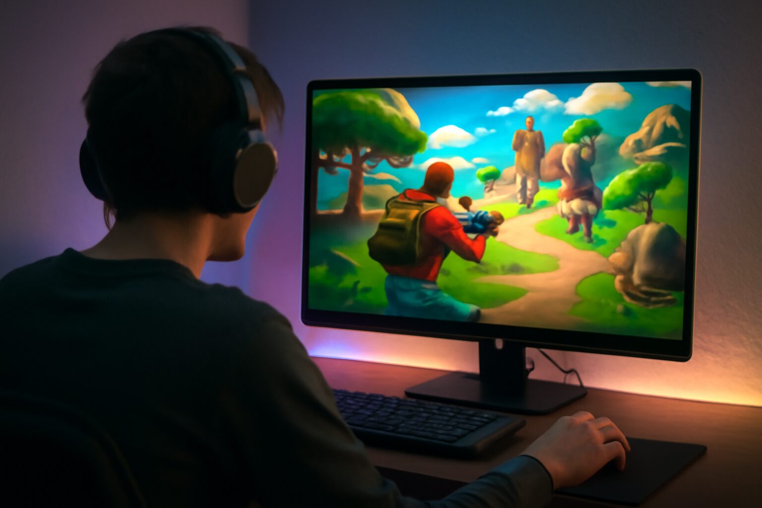 Игрок в наушниках играет в шутер за компьютером