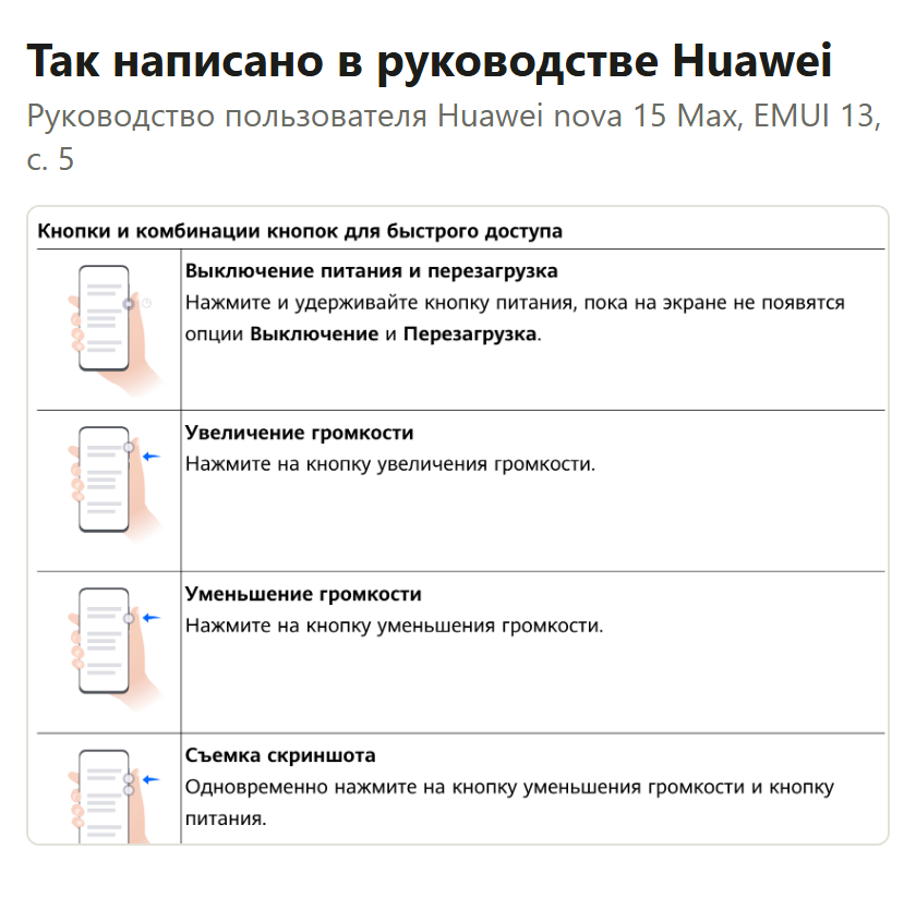 Фрагмент руководства пользователя Huawei nova 15 Max: кнопки и комбинации кнопок