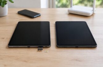 Два планшета на столе: у одного выдвинут лоток с SIM-картой, рядом смартфон и Wi-Fi-роутер