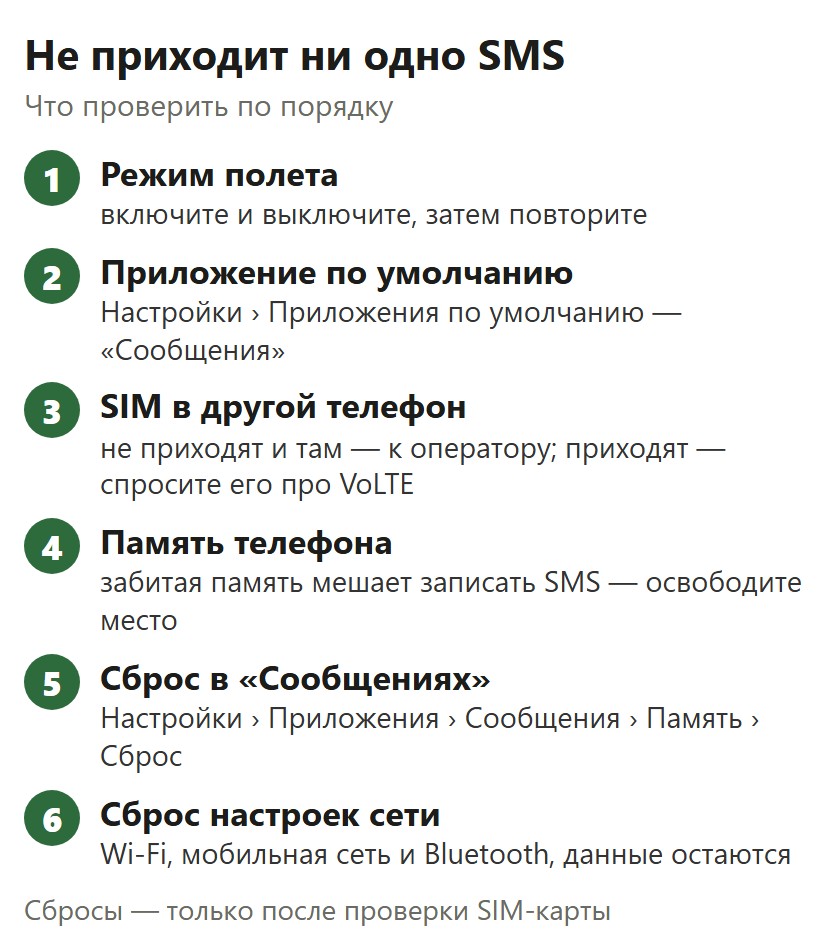 Шесть шагов, если не приходит ни одно SMS: режим полета, приложение по умолчанию, SIM-карта в другом телефоне, память телефона, сброс данных Сообщений, сброс настроек сети